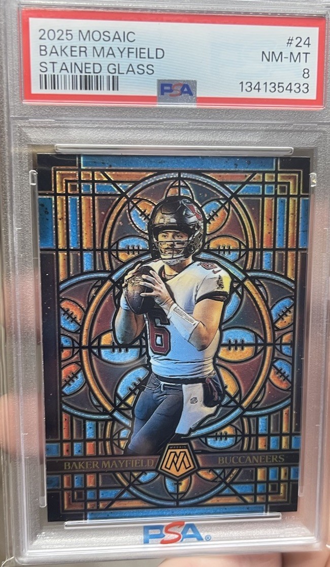 2025 Panini Mosaic - Stained Glass Baker Mayfield #24 PSA 8