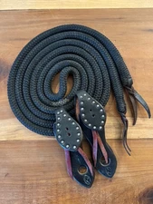 10' CLINTON ANDERSON REINS W/BRIDLE LEATHER SLOBBER STRAPS--BLACK