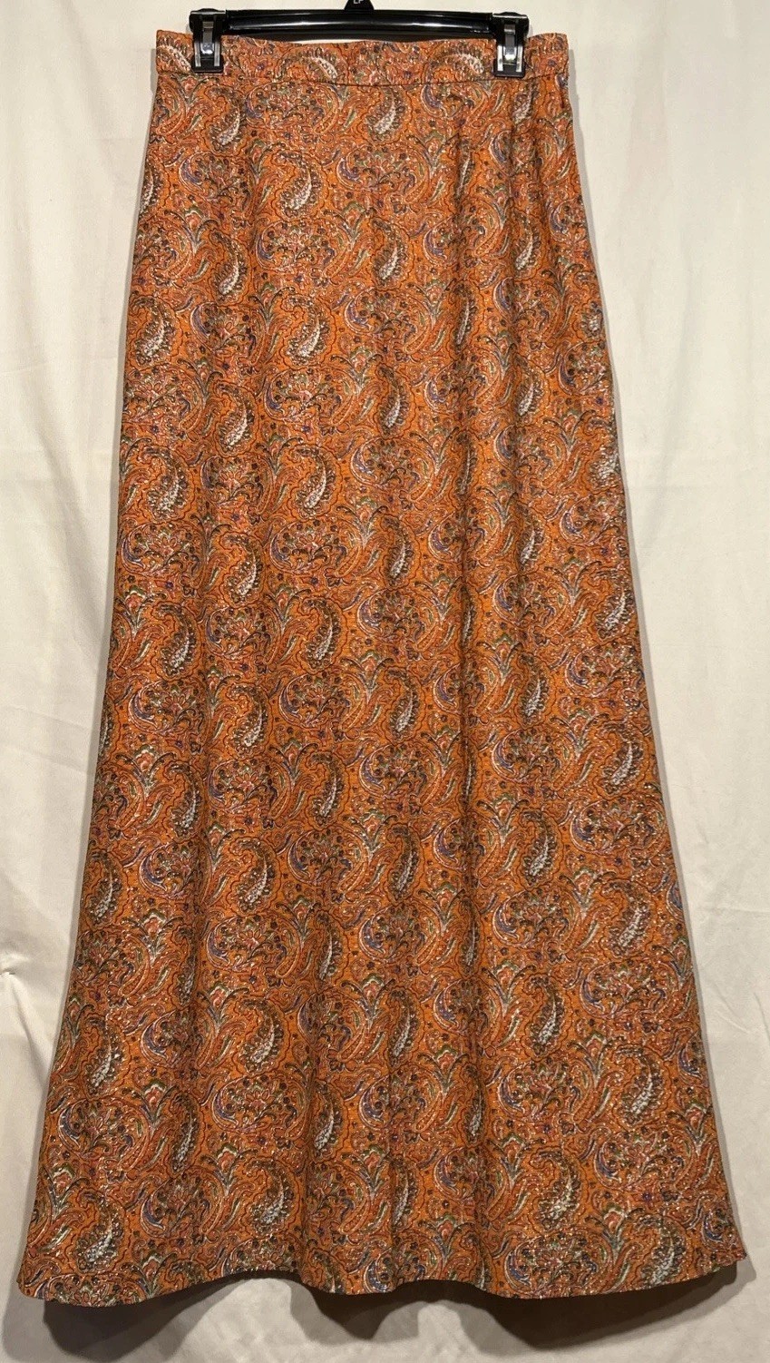 VTG Maxi Skirt Autumn Fall Fairy Sparkle Orange Paisley Skirt Sz 14 waist 29in-image