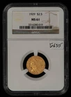 1929 $2.50 Indian Head Gold Quarter Eagle - Luster - NGC MS 61 - SKU-G6315