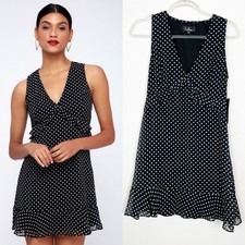 Lulus You Got It Black Polka Dot Mini Dress Sleeveless Ruffle V-Neck Womens Smal