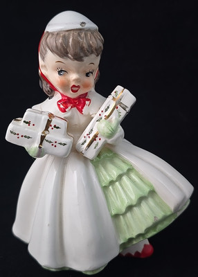 Vintage Christmas Girl Shopper Holding Gifts 5'' Napco Japan Kitschy Retro 1956