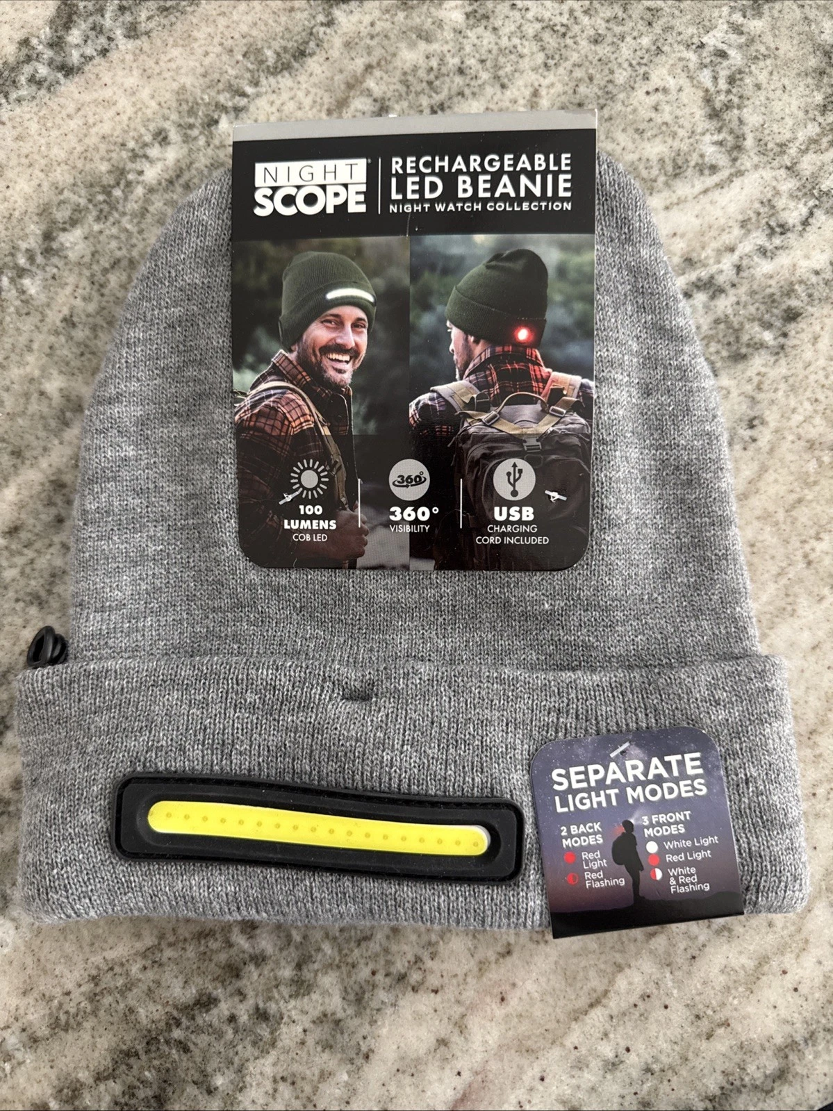 Men's Night Scope Rechargeable Led Beanie, USB Charging, Gray Color