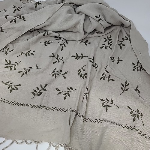 Beige Green Leaves Embroidered 26x70 inch Scarf Wide Long Medium Weight Tassels - Picture 6 of 10