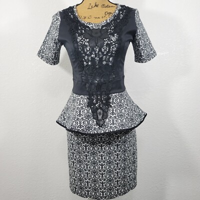 LUCY Fashion Black White Floral Jacquard Lace Applique Peplum Dress | eBay LUCY Fashion Black White Floral Jacquard Lace Applique Peplum Dress | eBay