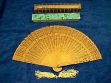 Sandalwood Fan Original Box w/ glass top Tassel - Japan Vintage