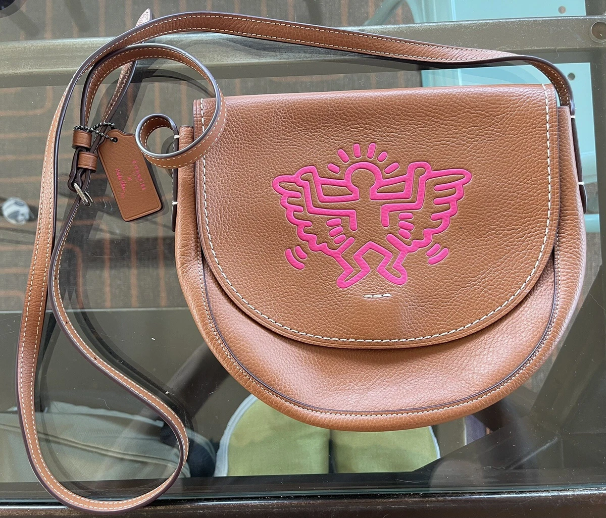Keith Haring Coach Crossbody Angel Bag Purse. Saddle Brown Leather