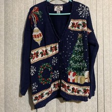 VTG Heirloom Holiday Chunky Knit Cardigan Ugly Christmas Sweater Size Large