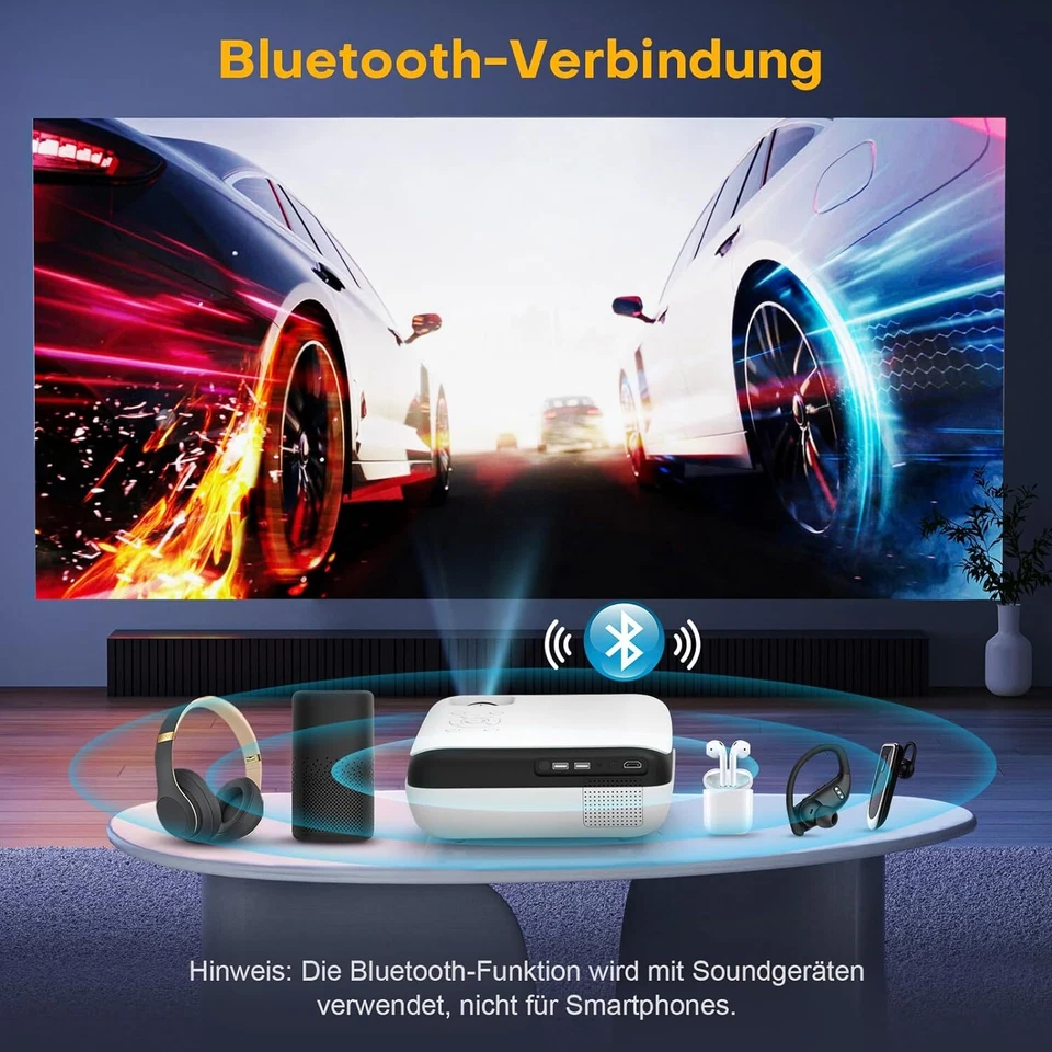 9500 Lumen Mini Beamer, 4K HDR Heimkino, 200 Zoll, Bluetooth, Full HD Projektor - Bild 4 von 4