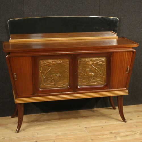 Meuble Buffet En Bois Laqué Et Laiton – Années 1950, Design XXème, Couleur Bordeaux, 130x50x100 Cm