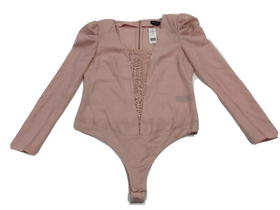 Bebe Womens Bodysuit Plunge Front Lace Inset Puff Long Sleeve Pink Size 10