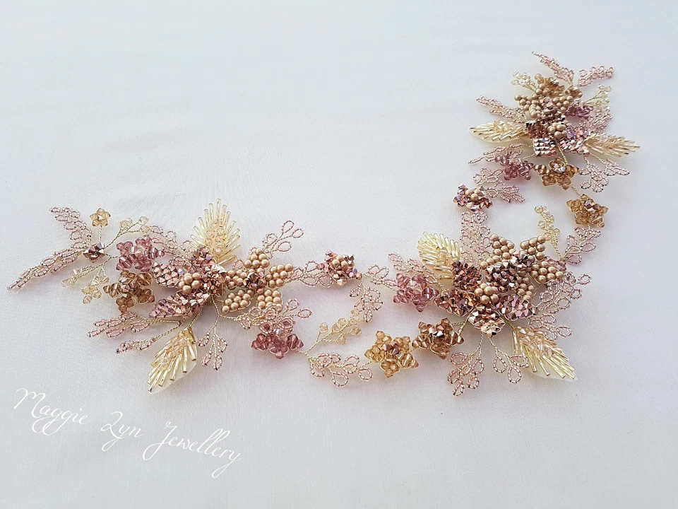 Bridal headdress in Gold, Rose gold, blush & topaz. headpiece statement hairvine - Image 2 of 4