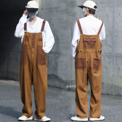 Japanese Retro Mens Loose Bib Pants Overalls Work Jumpsuits