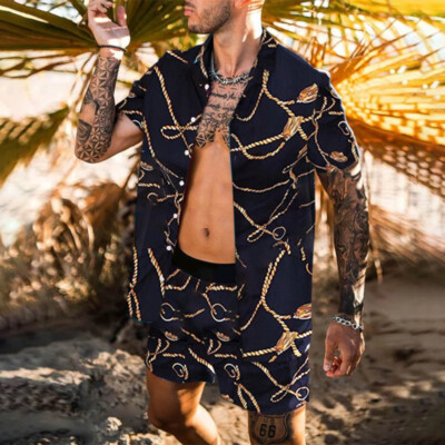 Button Down Shirts Men Black Vintage Gold Graphic Beach Party Top with Pants SET