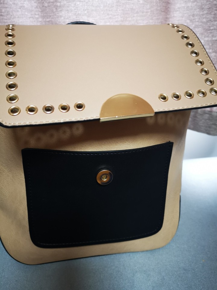 Beige And Black Faux Leather Backpack Adjustable Straps Clasp