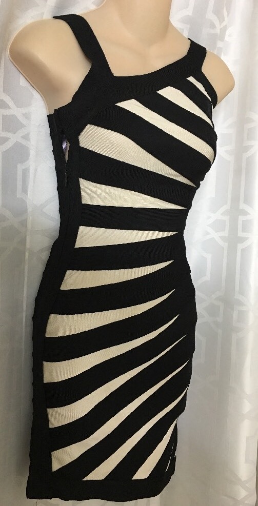 Herve Leger Corozo Dress Black And White Stripe Slant Shoulder Short Knit XS/0 Herve Leger Corozo Dress Black And White Stripe Slant Shoulder Short Knit XS/0