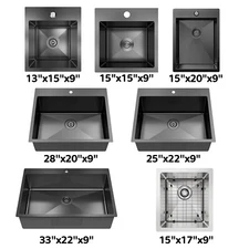 Stainless Steel Drop In Kitchen Bar Sink Single Bowl Top-Mount Black & Silver