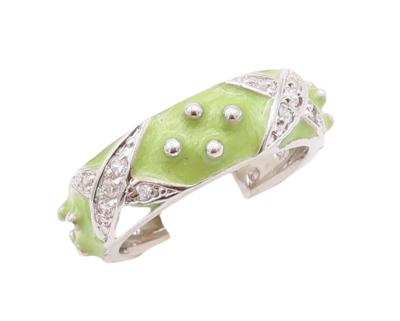925 Sterling Silver Vintage Ring Designer Green Enameled CZ Inlay
