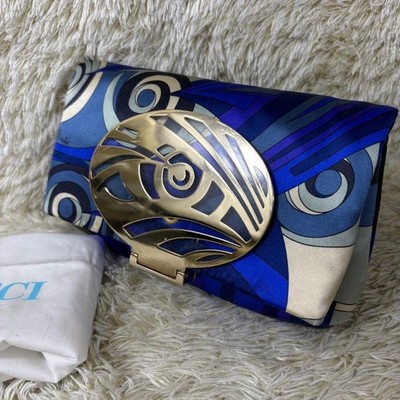 NEW Emilio Pucci Clutch Satin All-Over Print Gold HW Logo Engraved Dust Bag