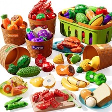 Play Food Set for Kids, Toddler Learning Toys, Cutting Food Toy Color Sorting Se