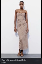 Zara Brown Blue Polka Dot Tulle Maxi Dress Strapless Ruched Sweetheart Neck M