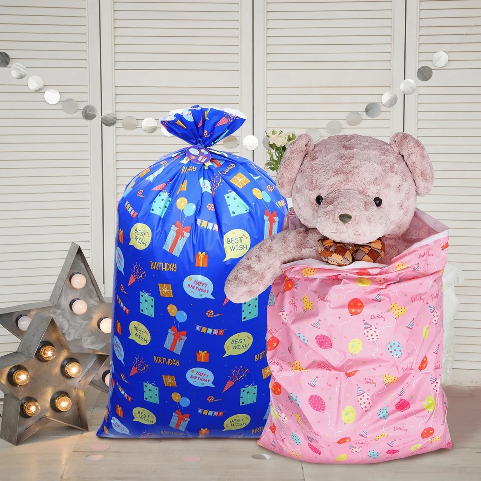 Plauthus 56" Jumbo Bolsa de Regalo de Plástico Patrón de Cumpleaños Azul y Rosa Paquete de 2 Foto 2 de 4