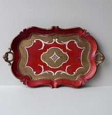 Vintage Italian Florentine Tray Red Gold Gilt Wood Serving Tray