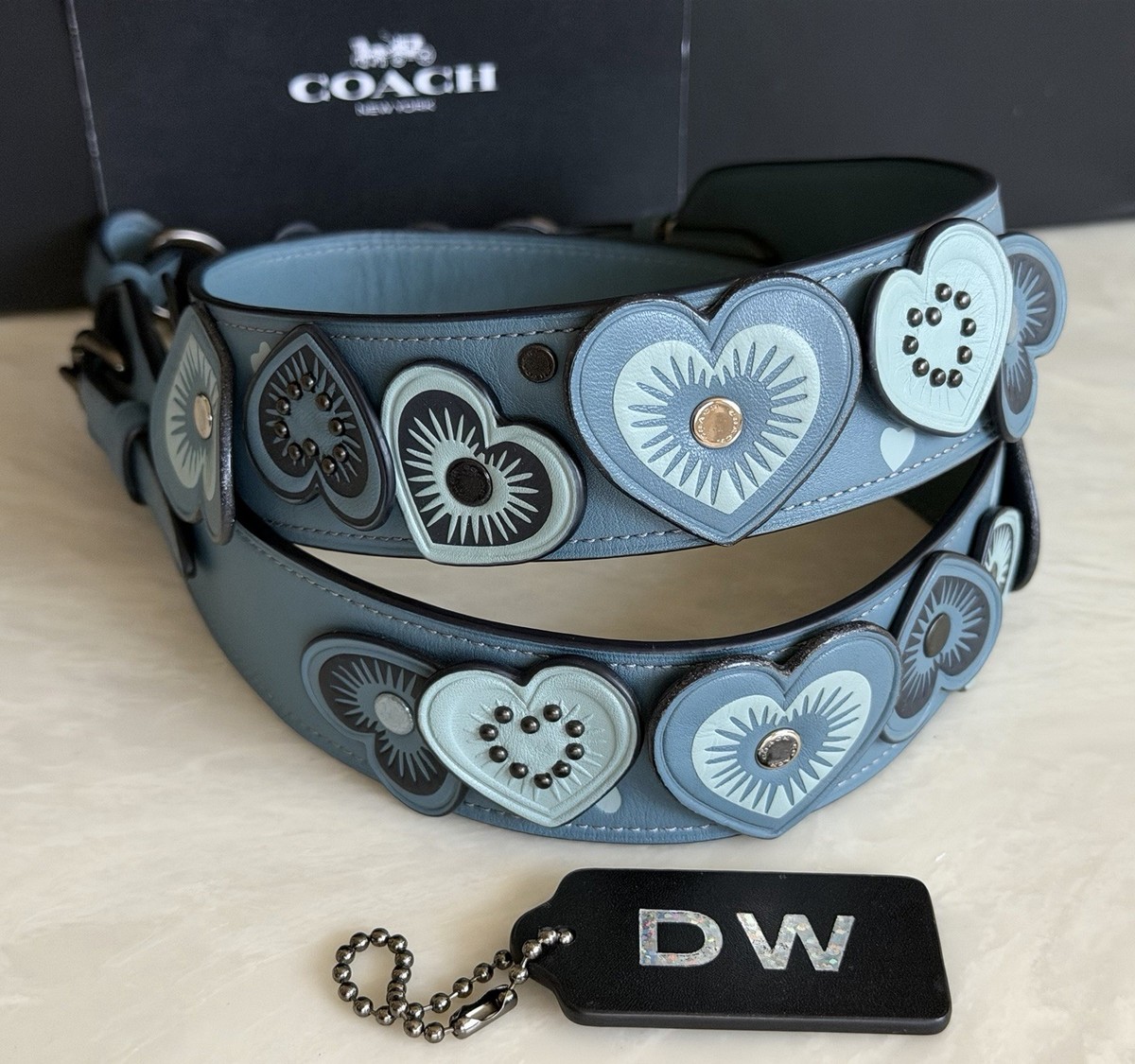 Today’s Craft COACH BLUE LEATHER EMBELLISHED HEART APPLIQUE NOVELTY STRAP 29542