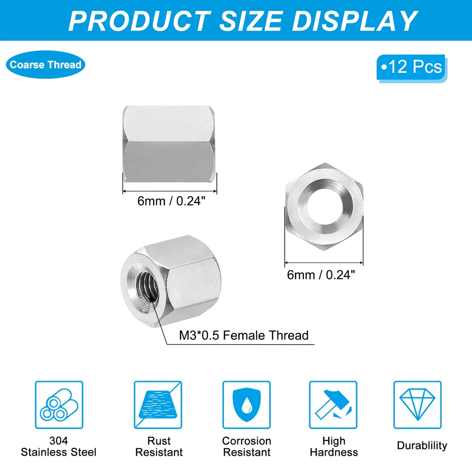 12 Stk M3x0.5 Steigung 6mm Länge 304 Edelstahl Grob Sechskant-Hülsenmutter - Bild 2 von 4