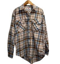 Levis Mens Plaid Flannel Button Up Shirt Medium Tan  Blue 90's Vintage