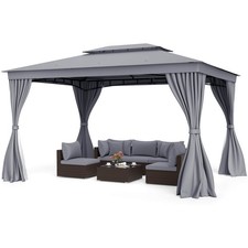 10X13 FT Patio Gazebo, Outdoor Double-Roof Canopy Tent w/ Mesh Netting, Gray
