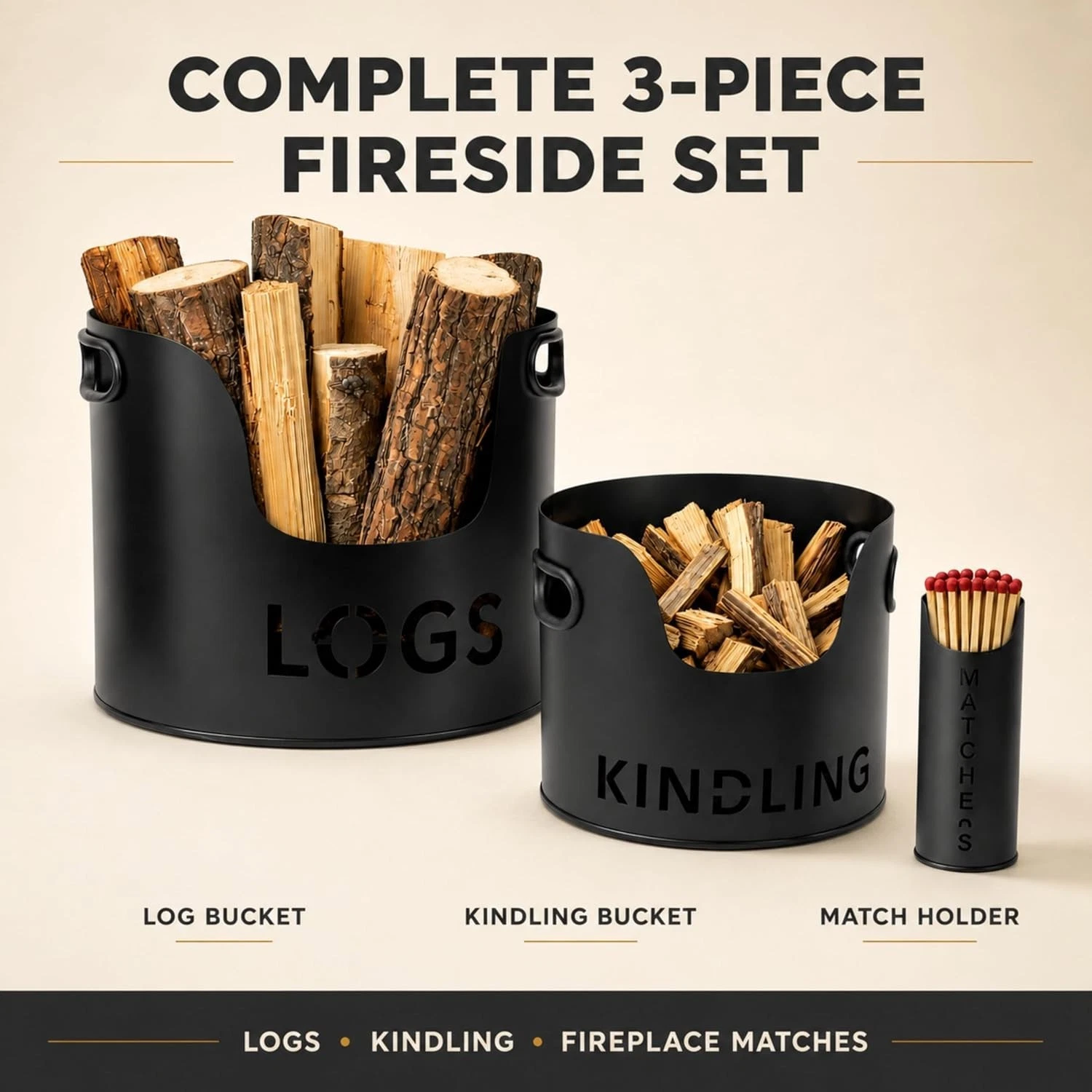 3PC Firewood Log Storage Bucket Set Kindling Match Holder Fireplace Accessories - Image 6