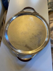 Georg Jensen Antique serving platter in sterling silver, wooden accent handles