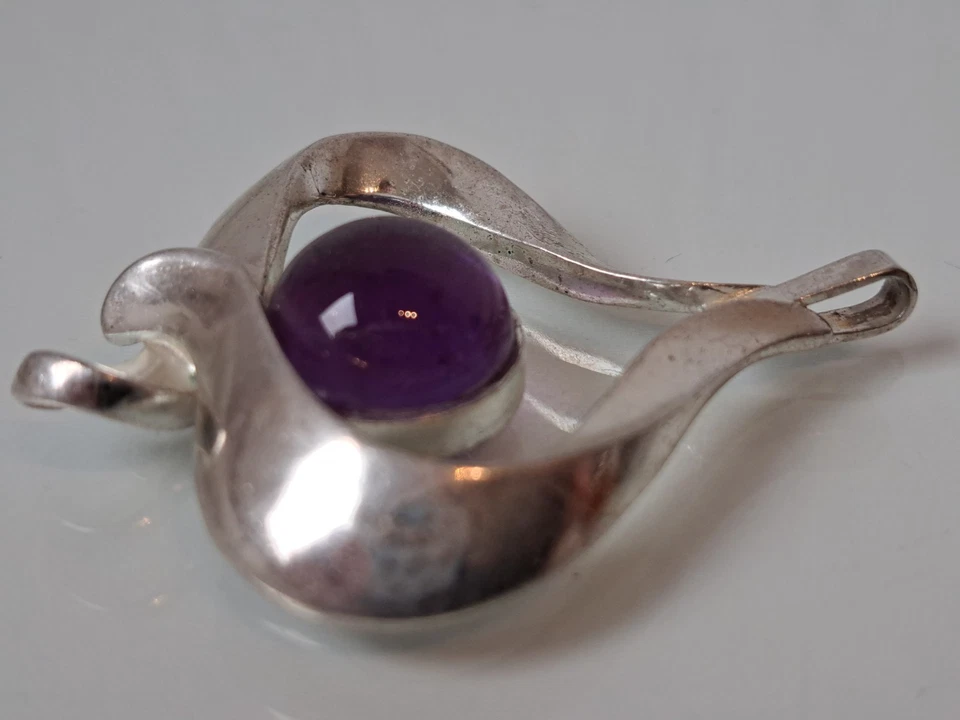 Bel Vecchio Ciondolo In Argento 835 Con Pietra Viola: Ametista 5cm - Immagine 2 di 4