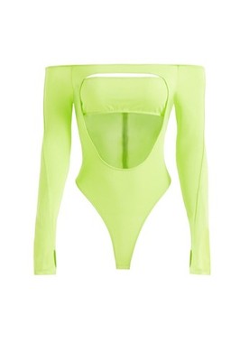 NWT- Mugler H&M Cut Out Acid Neon Green Long Sleeve Bodysuit, Size XXS