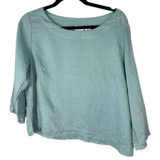 Halston 100% Linen 3/4 Sleeve Boxy Cropped Blouse Size Medium