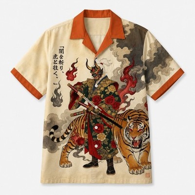 Oni Samurai Tiger Warrior Jersey Japanese Ukiyo-e Art Hawaiian Shirt Aloha Butto
