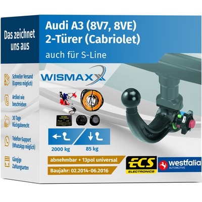 ANHÄNGERKUPPLUNG für Audi A3 Cabrio 14-16 abnehmbar WESTFALIA +13pol E-Satz ABE