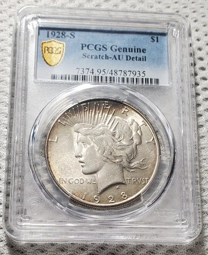 1928 S Peace Silver Dollar 90% Silver US Coin PCGS AU Detail Scratch Nice Toning