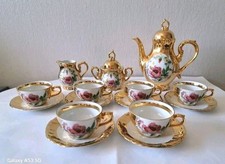 Porzellan MokkaService  6 Gedecke Komplett, Teeservice Weiß / Gold Rosen + Kanne