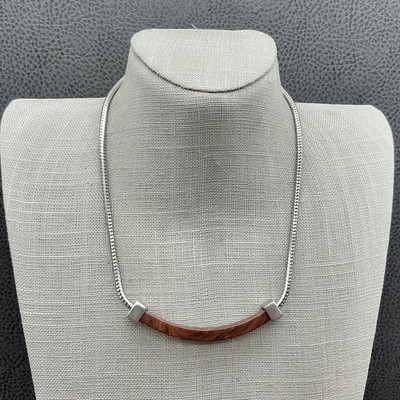 Guess Necklace Silver Tone Wood Bar Pendant Box Chain Hook 14 In Womens Jewelry