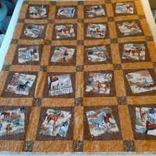 Quilted Lap Robe with Horse Design Offset Nine Patch with Allover Stitching