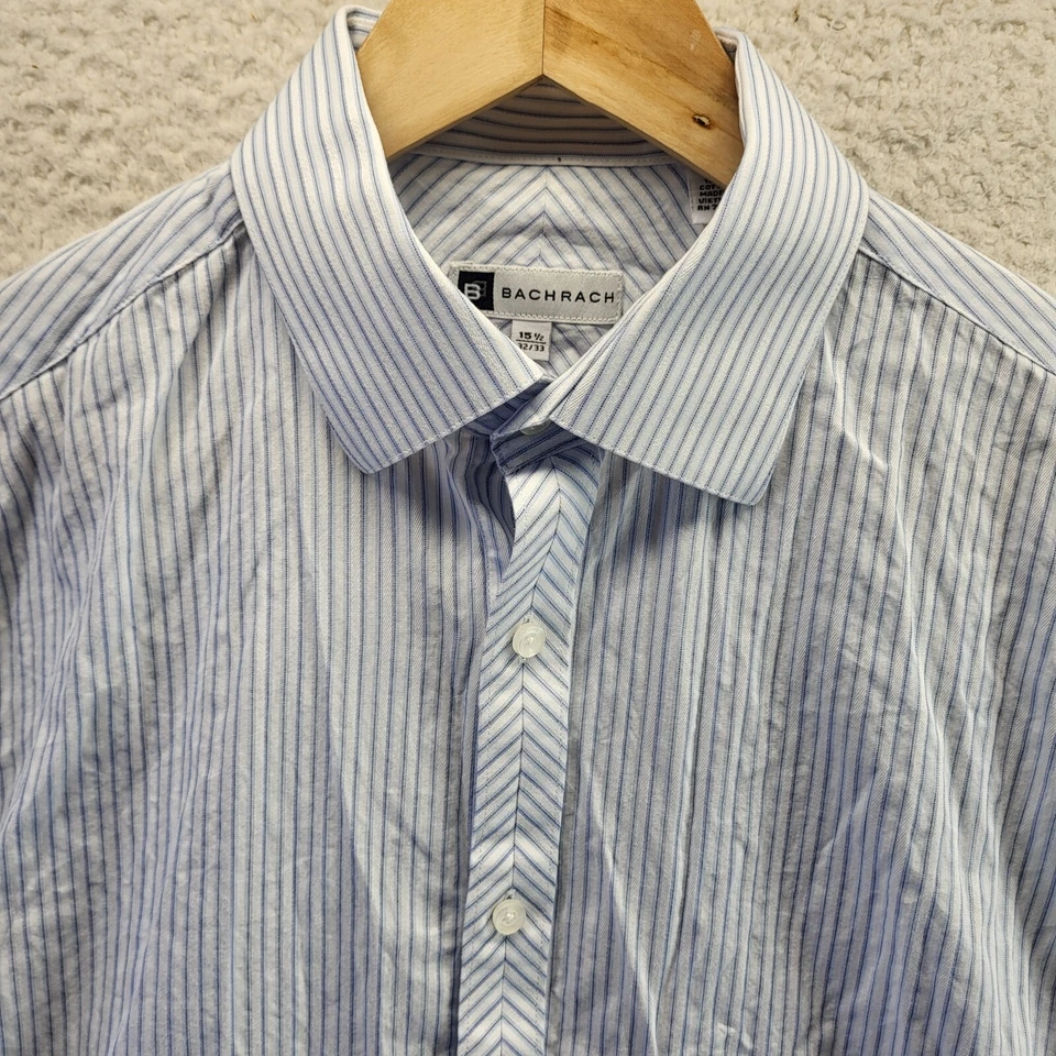Bachrach Button Shirt Mens 15.5 32/33 Blue Striped Cotton Medium French Cuff - Image 2 of 4