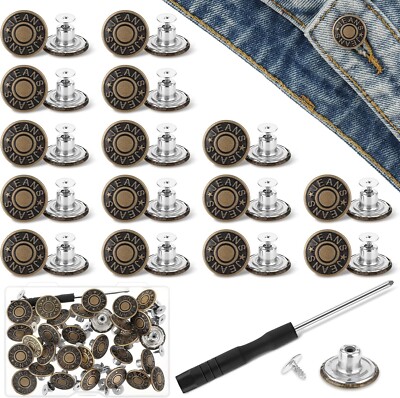 30PCS Replacement Buttons, 17mm No Sew Reusable Jeans Pants Button