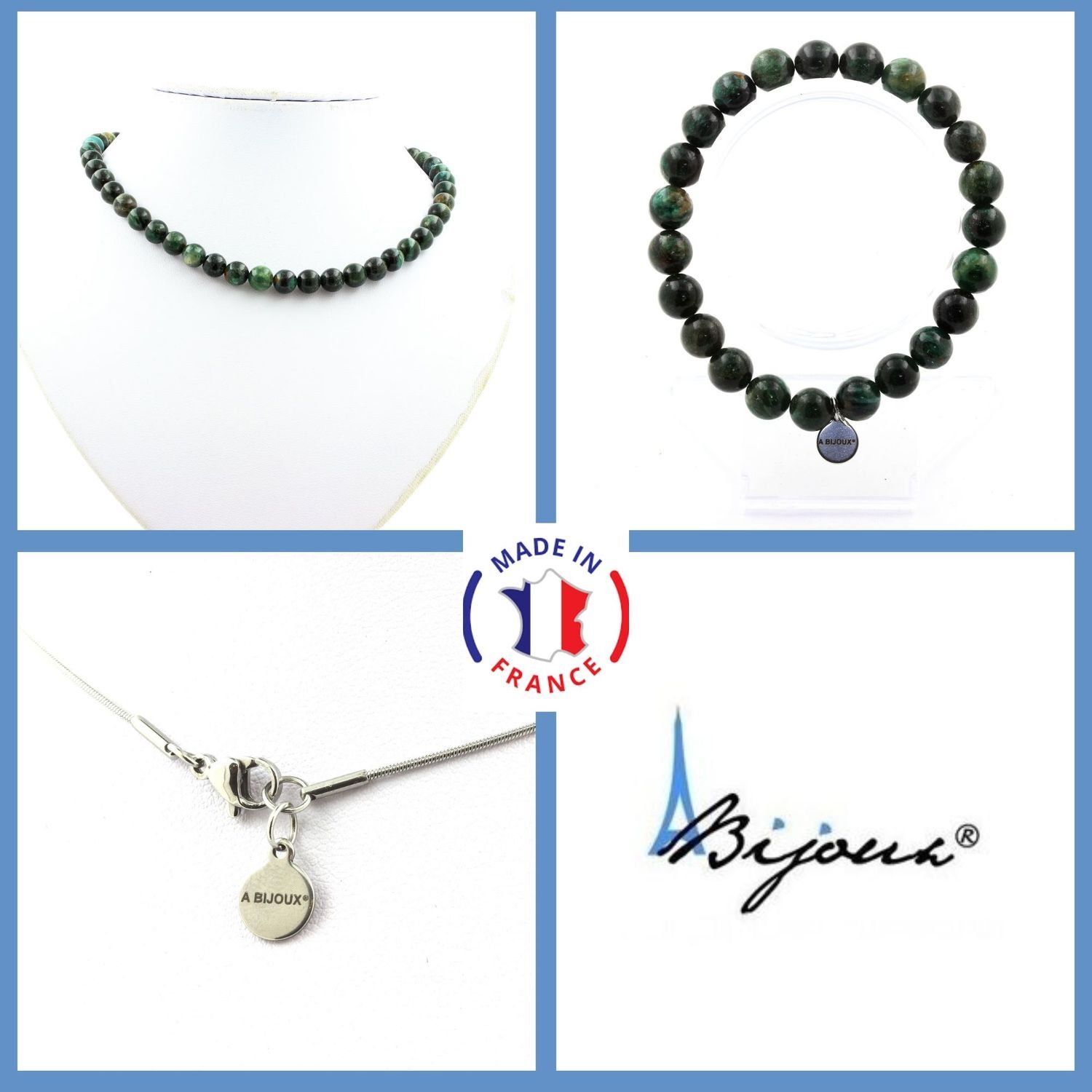 Parure en émeraude de Zambie avec collier et bracelet de perles 8mm haut de gamme