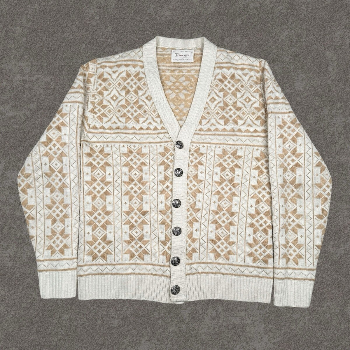 Vintage 80s Lord Jeff Mens Cardigan Graphic Sweater - Medium 