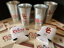 New USC Trojans Aluminum 4 Pint Cups Coors Light 20 Coasters 2 Beer Koozies Lot