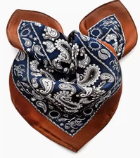 100% Silk 20" small Scarf Women neckerchief Wrap Paisley brown navy blue WS127