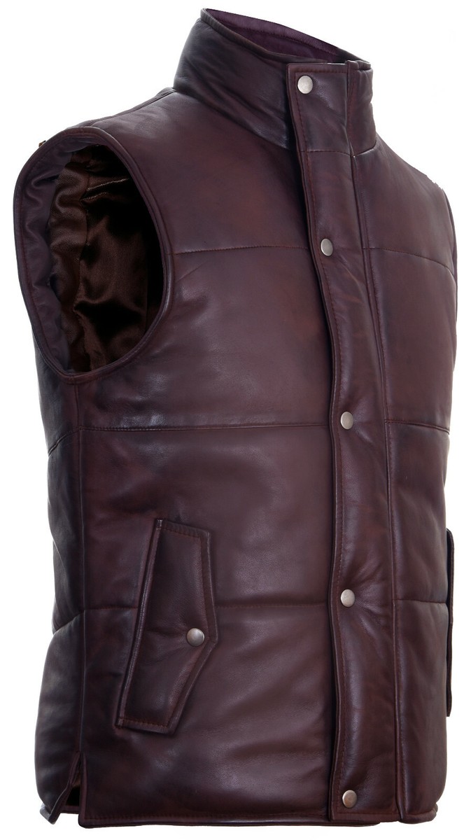 Hommes Marron Cuir Doudoune Gilet sans Manches Manche Veste