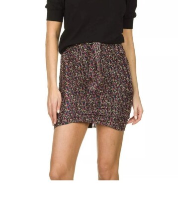 New Ba&sh Women's Black Silk Blend Printed Ruched Tie Waist Dina Skirt sz 0